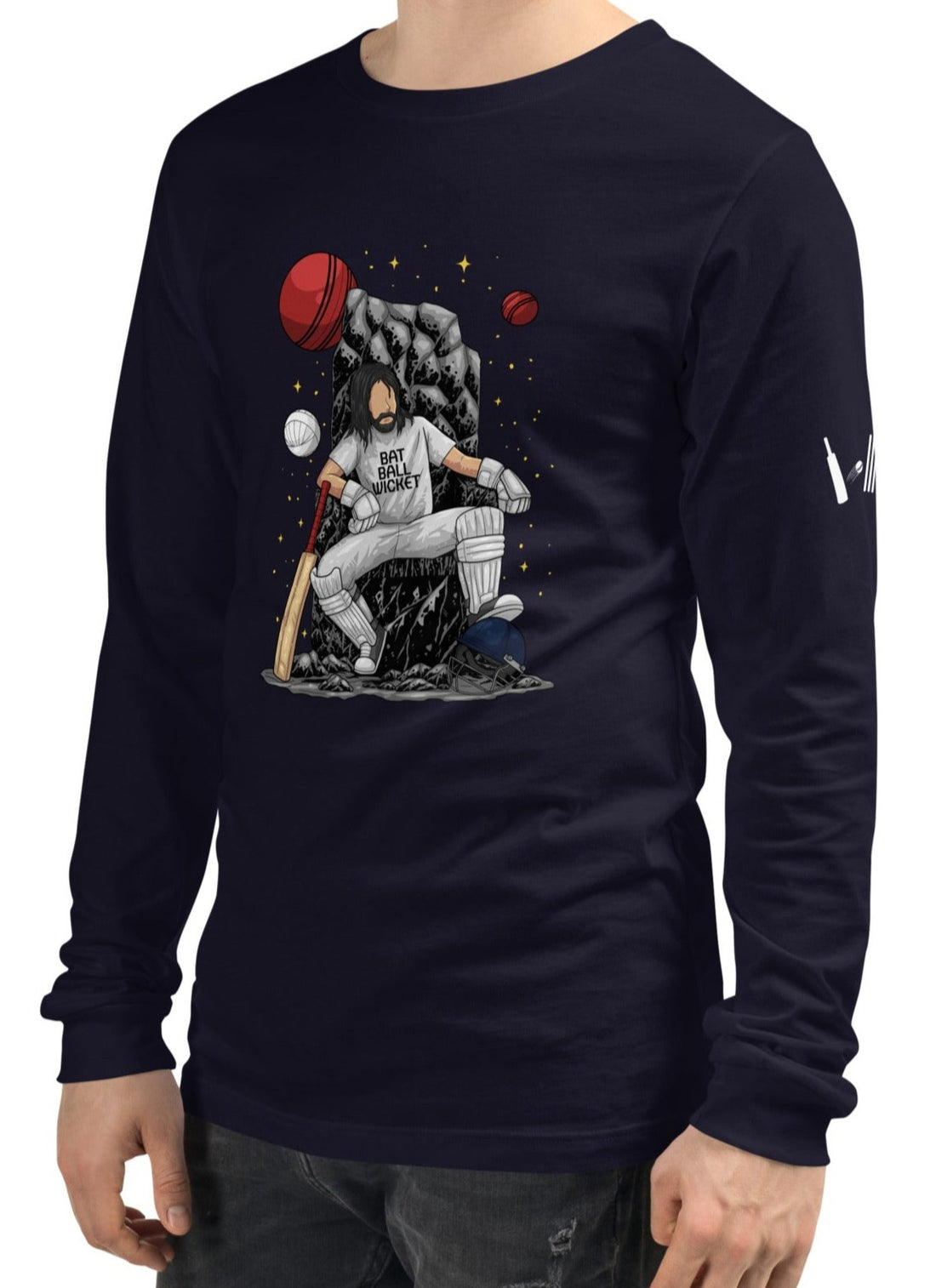 Model wearing the Monarch of the Pitch T-Shirt, displaying the regal graphic design of a cricketer on a throne with cricket balls.