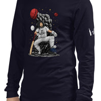 Model wearing the Monarch of the Pitch T-Shirt, displaying the regal graphic design of a cricketer on a throne with cricket balls.