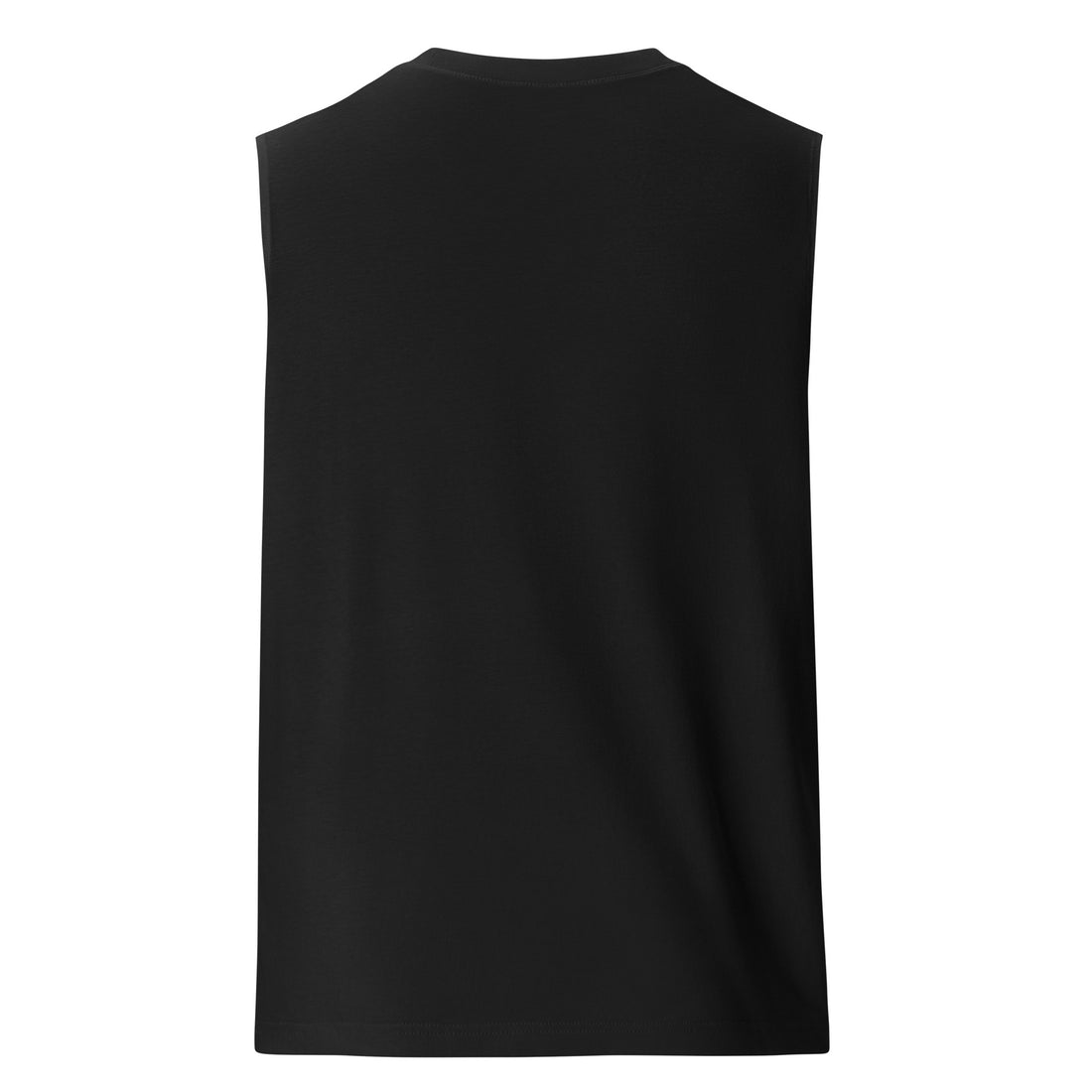 Back view of a black muscle tank top, plain and simple design, highlighting its sleek and sporty cut.