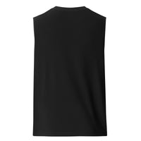 Back view of a black muscle tank top, plain and simple design, highlighting its sleek and sporty cut.