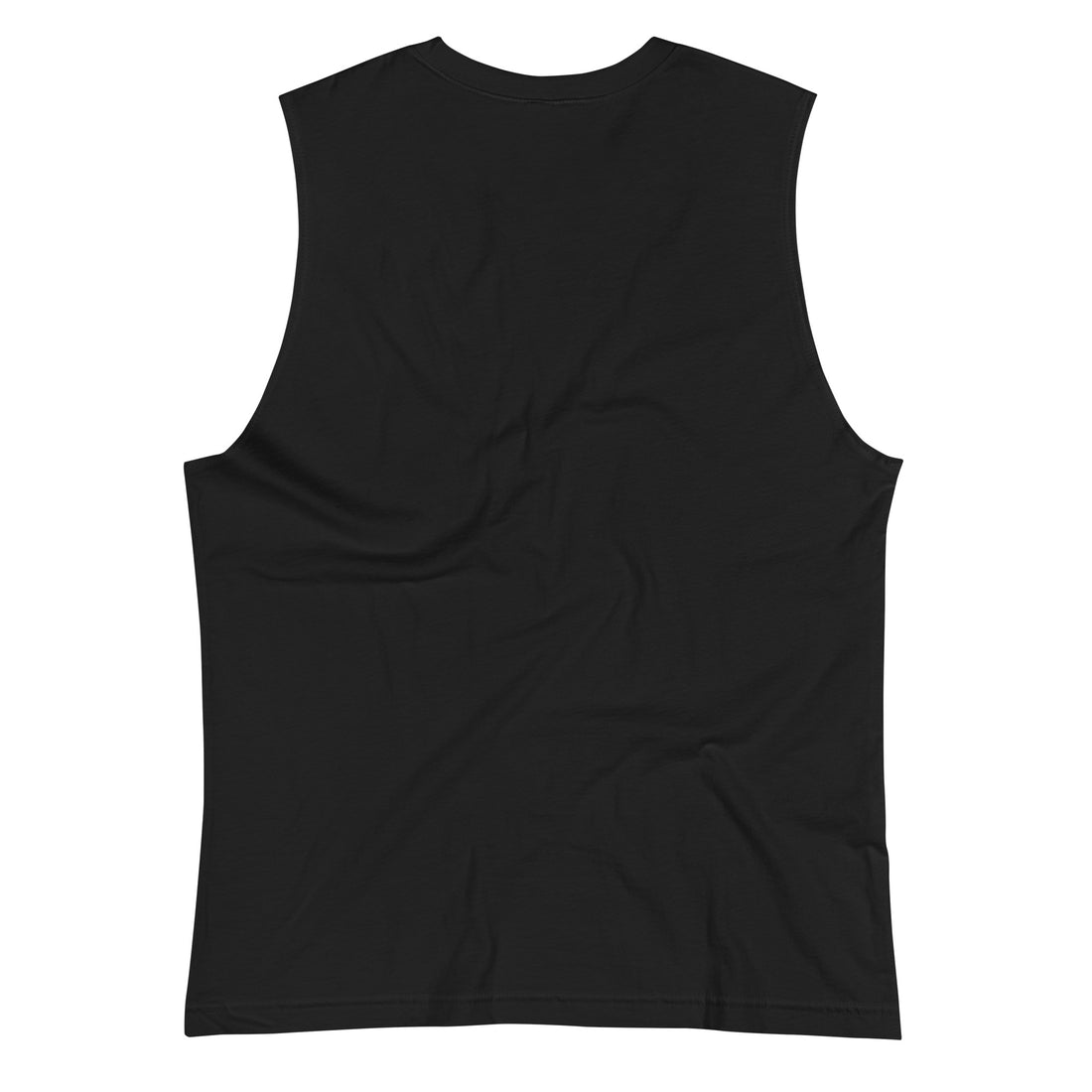 Back view of a plain black unisex muscle shirt, highlighting the smooth and stretchable fabric ideal for casual or sportswear.