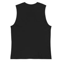 Back view of a plain black sleeveless tank top, showcasing clean and simple design with no print."