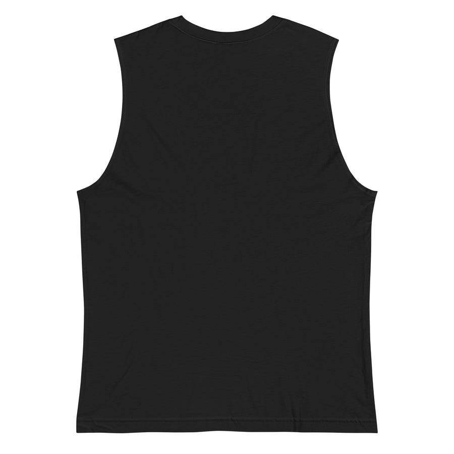 Back view of a plain black sleeveless tank top, showcasing clean and simple design with no print."