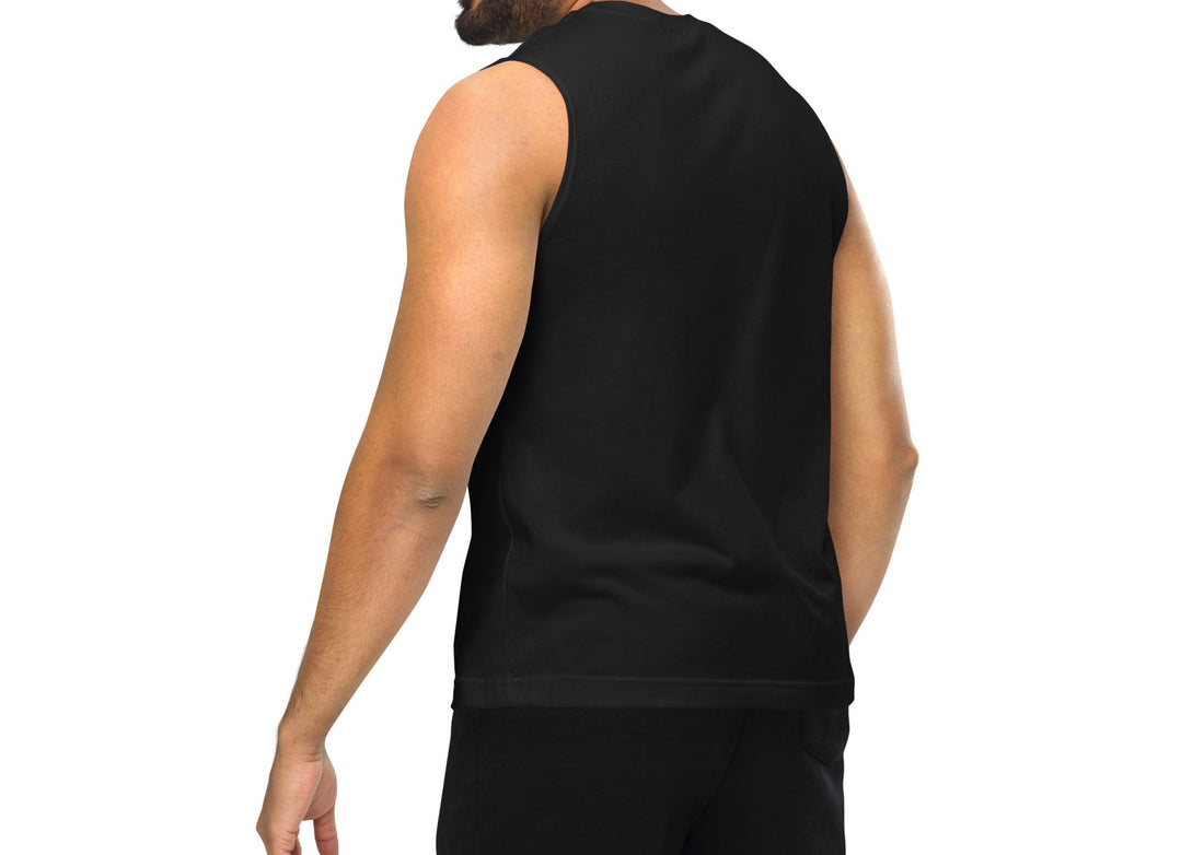 Side view of a black muscle tank top on a fit model, highlighting the sleeveless design and snug fit around the torso.