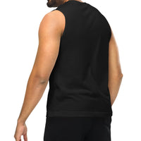 Side view of a black muscle tank top on a fit model, highlighting the sleeveless design and snug fit around the torso.