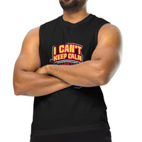 Muscular man wearing a black tank top with the slogan 'I Can't Keep Calm I Love to Play Cricket' in bright colors, embodying a spirited cricket theme.