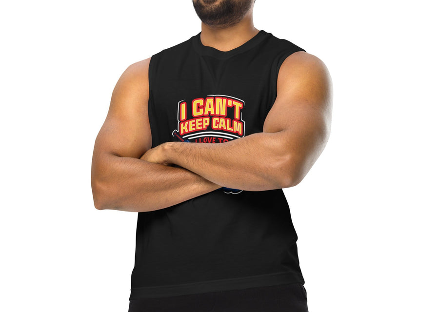 Muscular man wearing a black tank top with the slogan 'I Can't Keep Calm I Love to Play Cricket' in bright colors, embodying a spirited cricket theme.