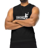 Black sleeveless tank top with a bold white print of a cricket batsman, emphasizing the sporty and athletic appeal.