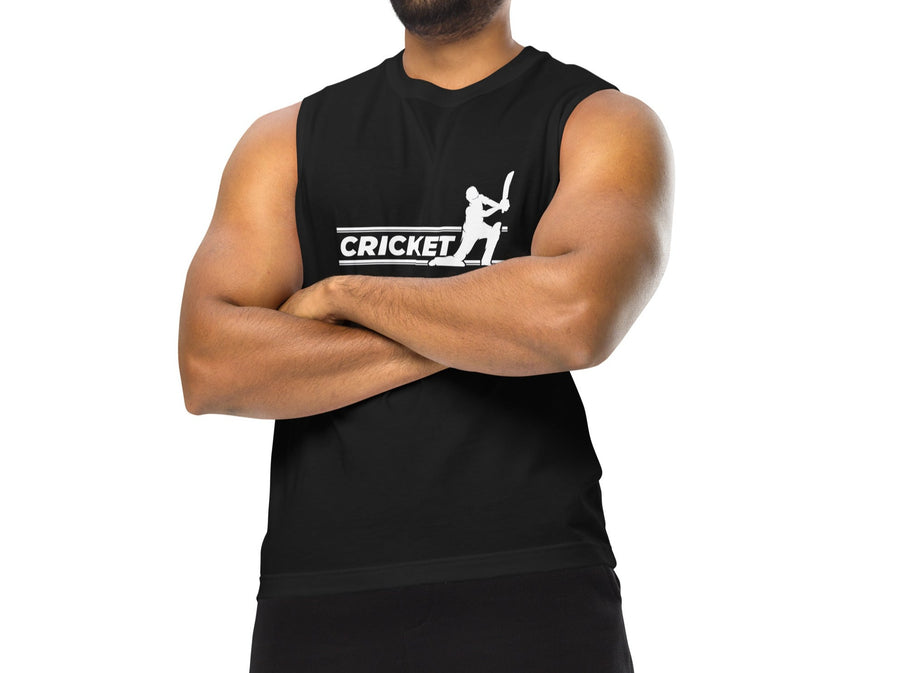 Black sleeveless tank top with a bold white print of a cricket batsman, emphasizing the sporty and athletic appeal.