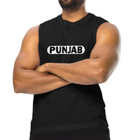 A black muscle tank top displaying the bold white 'PUNJAB' text across the chest, modeled by a man with folded arms, emphasizing pride and strength.