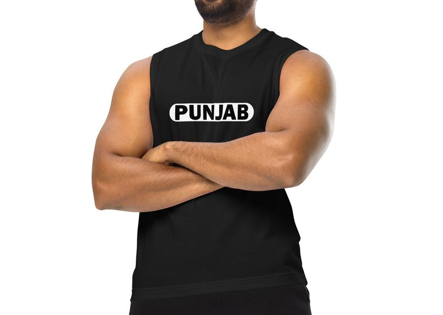 A black muscle tank top displaying the bold white 'PUNJAB' text across the chest, modeled by a man with folded arms, emphasizing pride and strength.