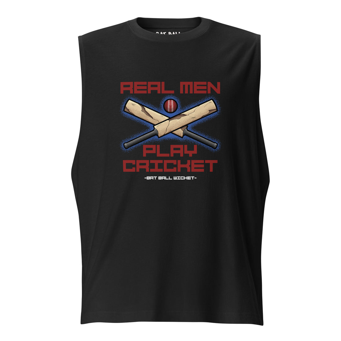 Close-up front view of a black muscle tank top showcasing the detailed cricket-themed graphic with &