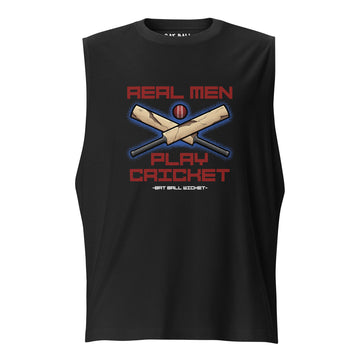 Close-up front view of a black muscle tank top showcasing the detailed cricket-themed graphic with 'Real Men Play Cricket' text and stylized cricket equipment.