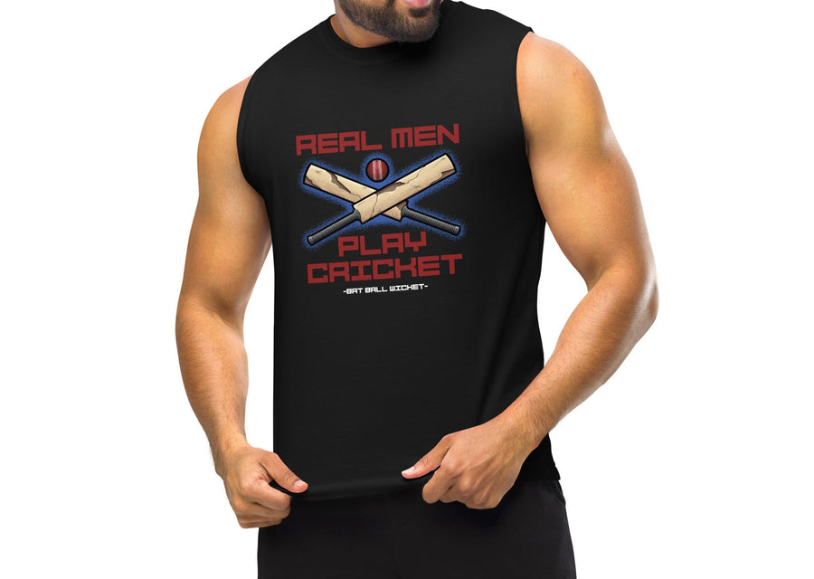 Front view of a black muscle tank top featuring the phrase 'Real Men Play Cricket' with an artistic graphic of crossed cricket bats and a ball in vibrant colors.