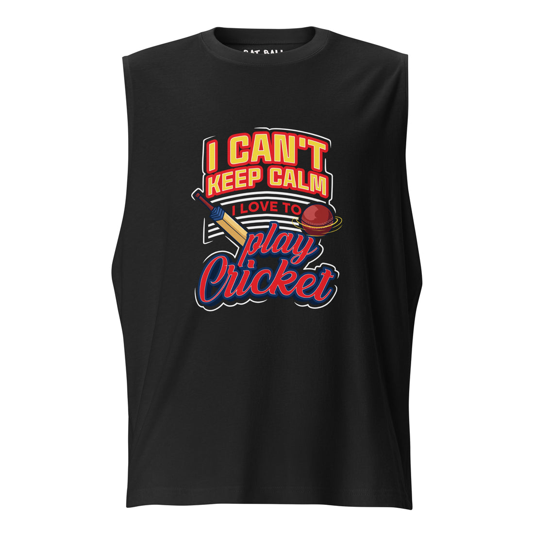 Black tank top featuring a vibrant cricket-themed print with the words &