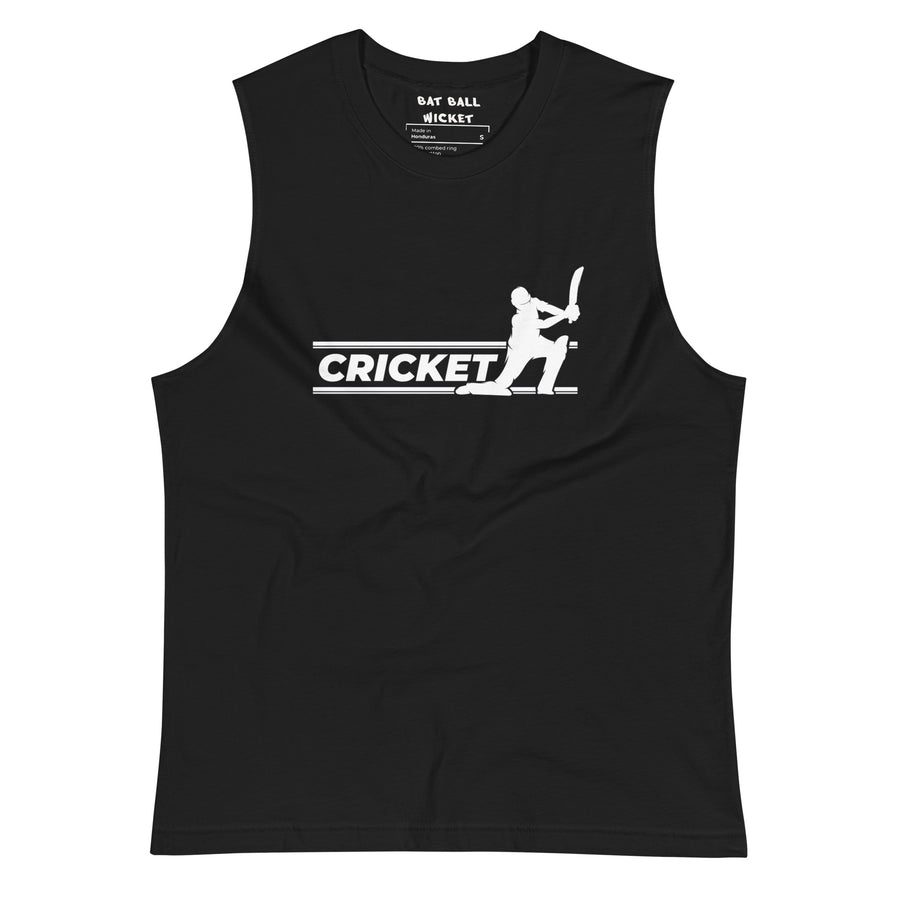 Front view of a black sleeveless tank top featuring a white minimalist cricket player design, ideal for cricket fans.