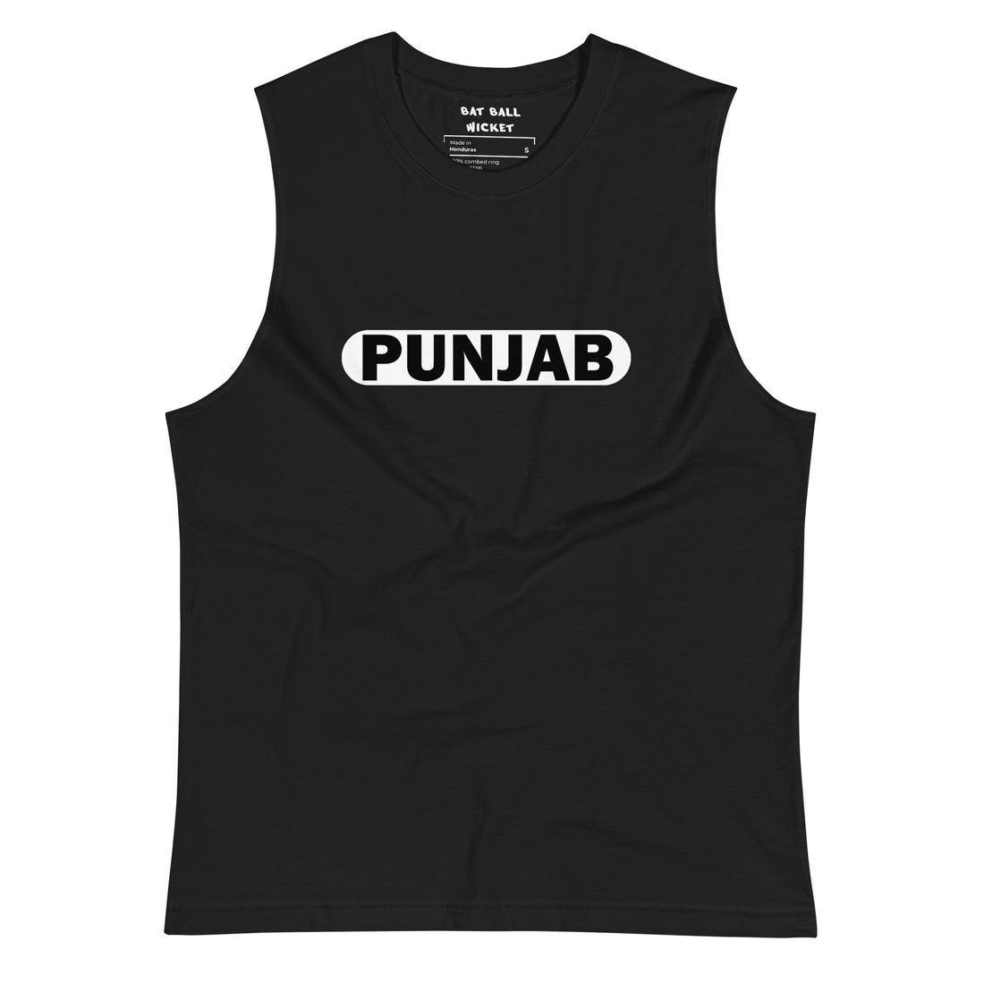 Front view of a plain black muscle tank top, showing a smooth, uninterrupted fabric with no text or graphics.