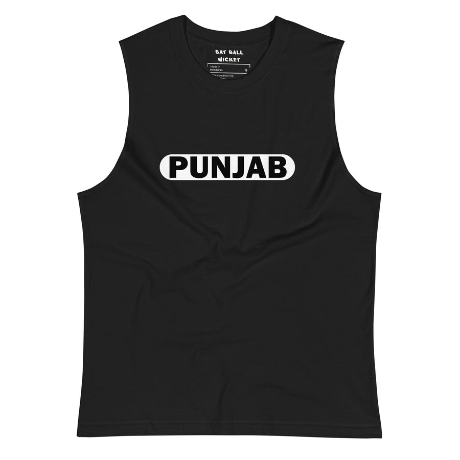 Front view of a plain black muscle tank top, showing a smooth, uninterrupted fabric with no text or graphics.