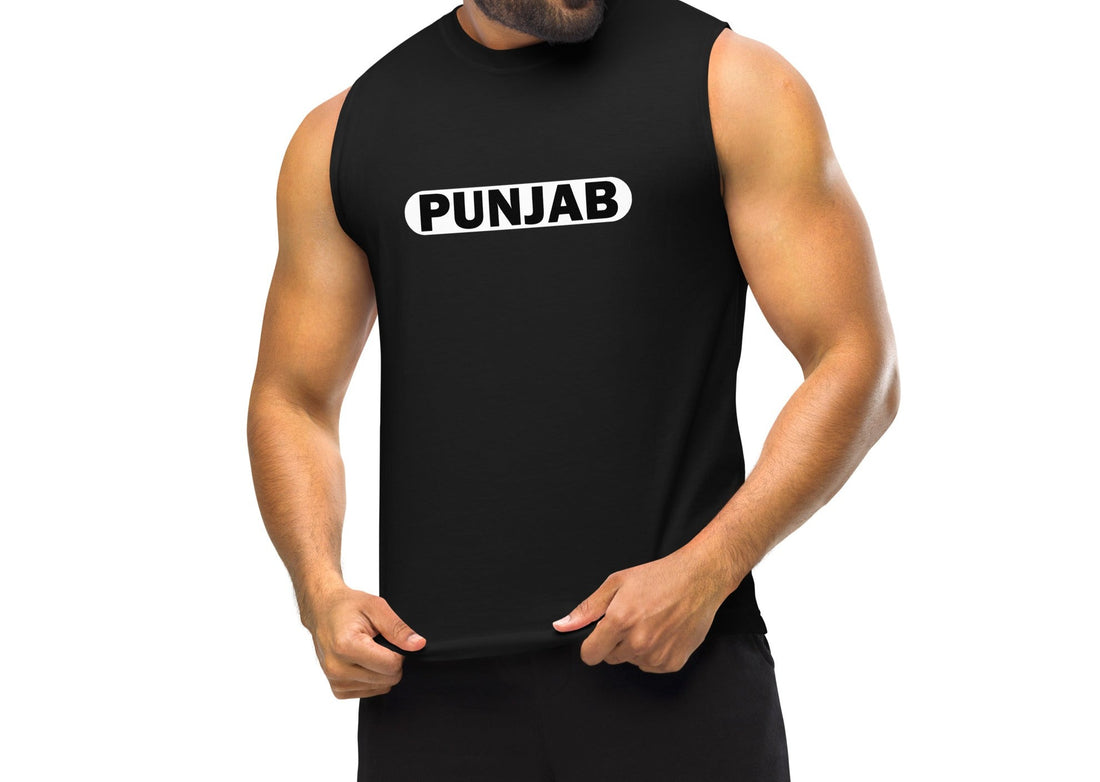 Front view of a black muscle tank top featuring the word &