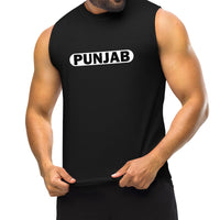 Front view of a black muscle tank top featuring the word 'PUNJAB' in prominent white block letters, modeled by a man standing confidently.