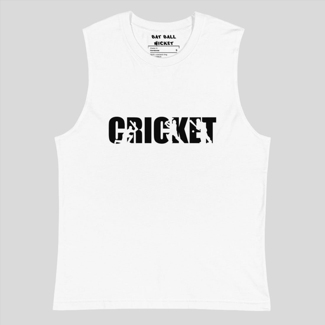 Close-up of the black cricket-themed graphic design on the front of the white muscle tank top.