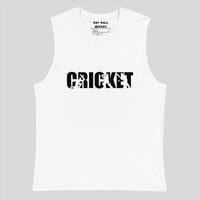 Close-up of the black cricket-themed graphic design on the front of the white muscle tank top.