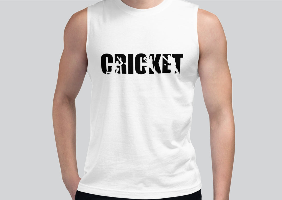 Front view of a white muscle tank top with a black cricket-themed graphic design, worn by a male model.