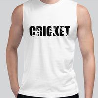 Front view of a white muscle tank top with a black cricket-themed graphic design, worn by a male model.