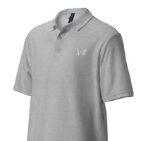 Front view of a heather grey polo shirt, displaying intricate white embroidered cricket symbols on the chest, ideal for fans and casual wear.