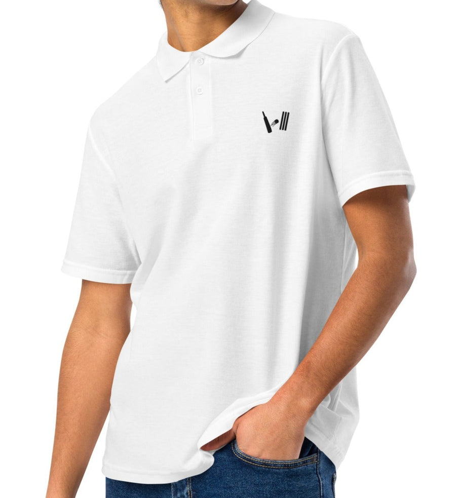 Young man smiling in a smart white Bat Ball Wicket polo shirt, embodying casual elegance and a love for cricket.