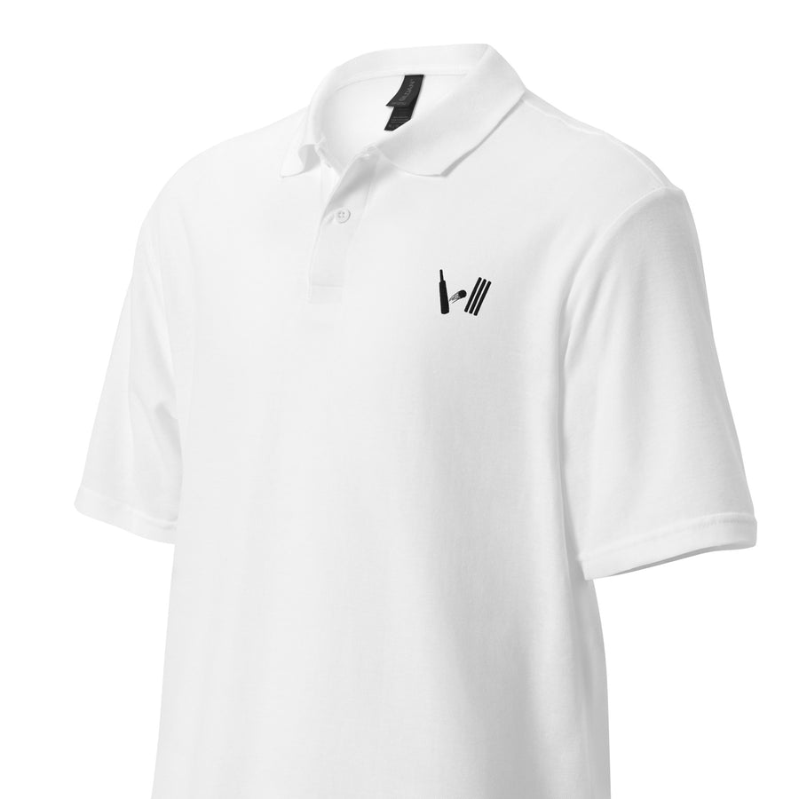 Crisp white polo shirt with the Bat Ball Wicket logo, offering a fresh and clean style for sports or casual wear.