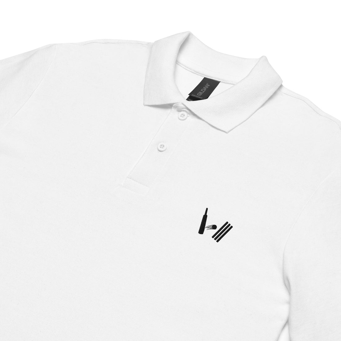 Close-up of a white polo shirt with black Bat Ball Wicket logo, highlighting the detailed stitching and dyed-to-match buttons.