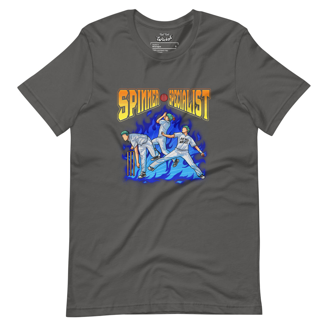 Asphalt gray t-shirt by Bat Ball Wicket with a cricket-themed graphic showing a spinner bowling, surrounded by blue flames, and &