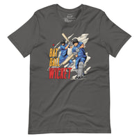 Front view of an asphalt gray t-shirt featuring a dynamic cricket graphic with players in blue, creating a vivid contrast against the dark fabric.