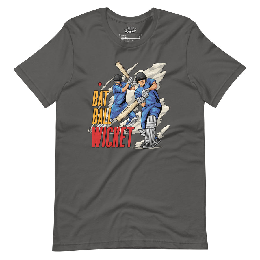 Front view of an asphalt gray t-shirt featuring a dynamic cricket graphic with players in blue, creating a vivid contrast against the dark fabric.