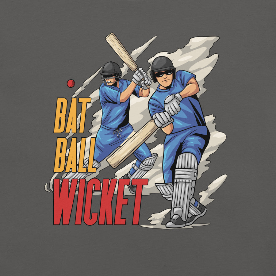 Front view of an asphalt gray t-shirt showing a detailed cricket graphic with two batsmen in action, set against a stylized background.