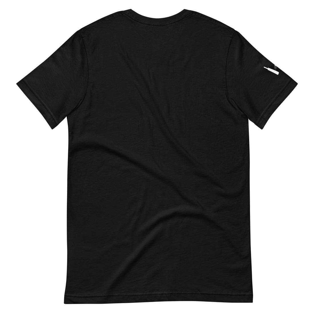 Back view of a plain black t-shirt with a small white logo on the right sleeve, showcased against a plain background.