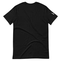 Back view of a plain black t-shirt with a small white logo on the right sleeve, showcased against a plain background.