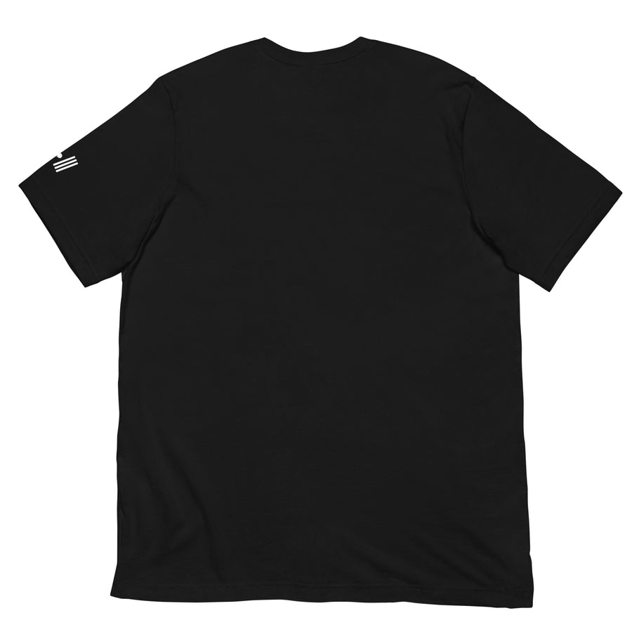 Back view of a plain black t-shirt, smooth and unadorned, displayed against a neutral background