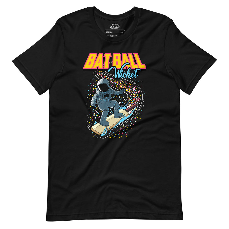 Cosmic Cricketer T-Shirt- Bat Ball Wicket Space Edition