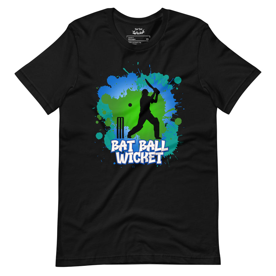 Vibrant Cricket Splash: Dynamic Batting Silhouette T-Shirt