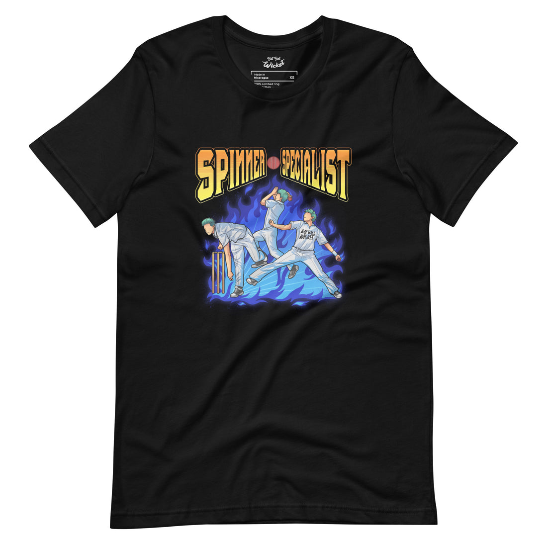 Dark black t-shirt by Bat Ball Wicket depicting a cricket spinner in a dynamic pose with a fiery blue and white background, and &