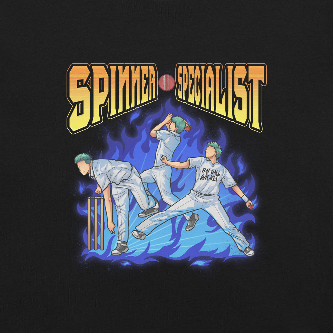 "Black t-shirt from Bat Ball Wicket with a striking illustration of a cricket spinner, &