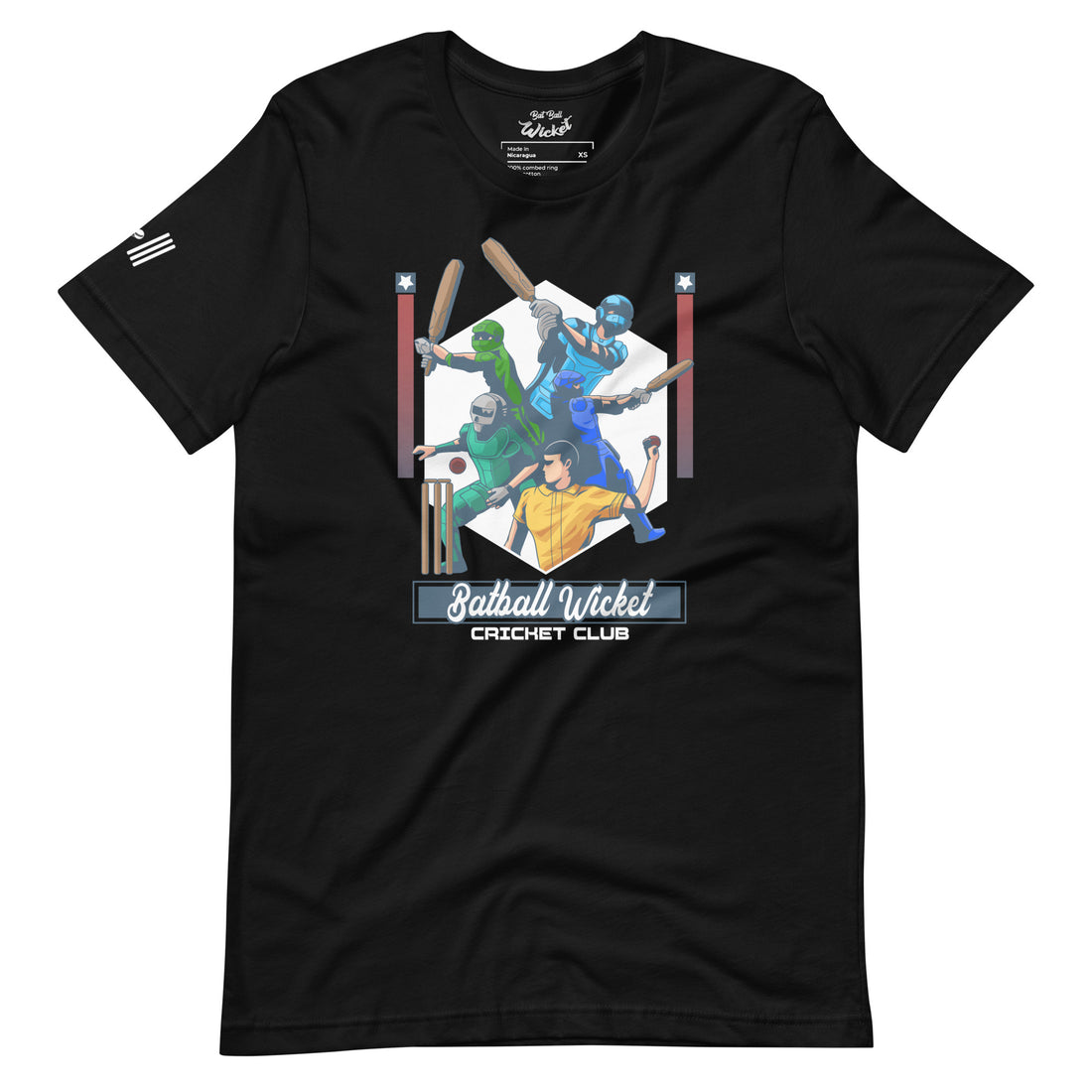 Front view of a plain black T-shirt with a detailed, colorful cricket-themed graphic on the chest, featuring animated players and the logo &