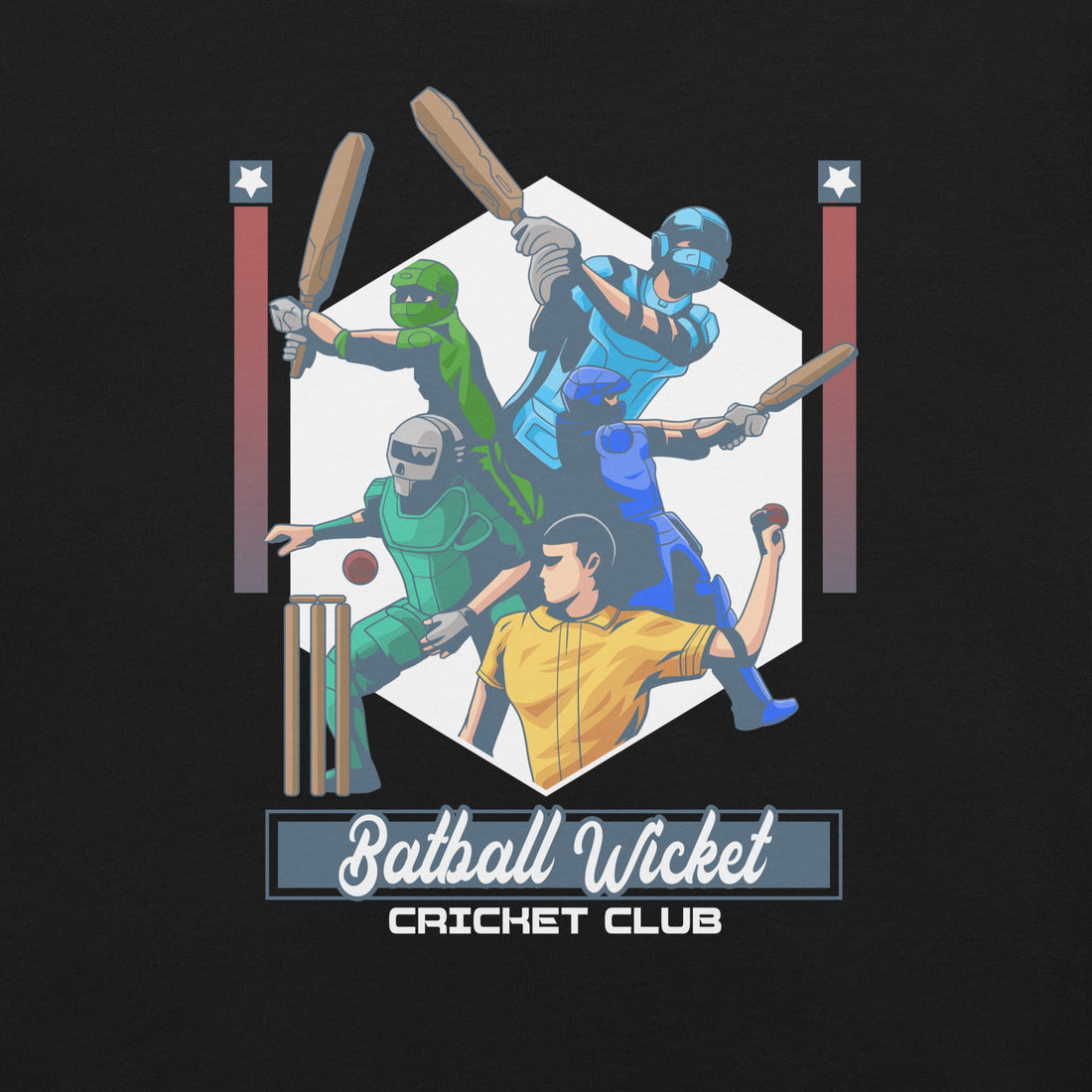 Front view of a black T-shirt featuring a large, vibrant graphic of animated cricket players in various dynamic poses with the text &