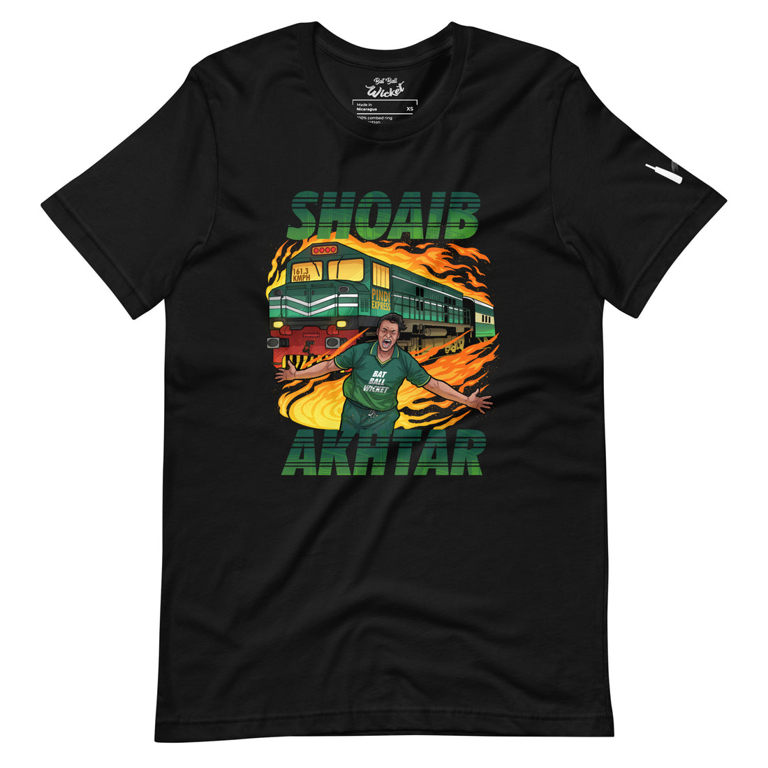 Front view of a black t-shirt displaying a vibrant design of cricketer Shoaib Akhtar in action with a flaming train backdrop, in bold colors and &