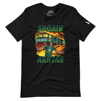 Front view of a black t-shirt displaying a vibrant design of cricketer Shoaib Akhtar in action with a flaming train backdrop, in bold colors and 'Shoaib Akhtar' text in large green font.