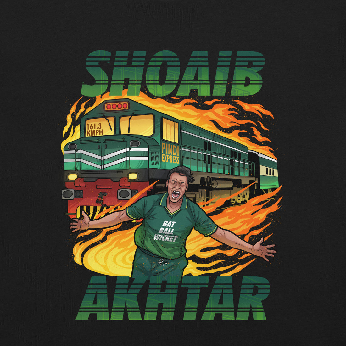 Front view of a black t-shirt featuring a detailed graphic of Shoaib Akhtar with a train and flames, emphasizing speed and energy, with &