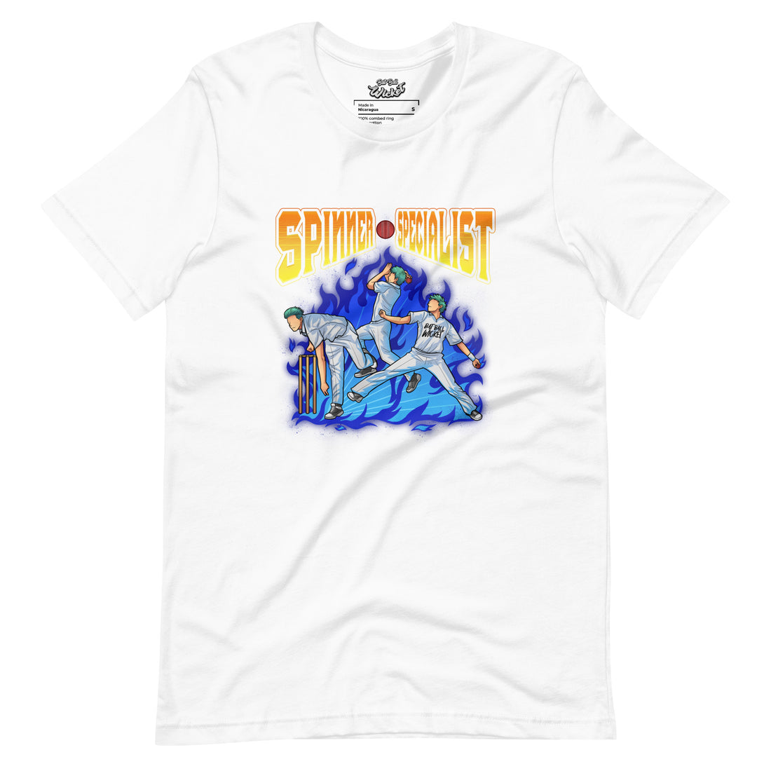 White t-shirt by Bat Ball Wicket featuring vibrant graphic of a cricket spinner in action with &