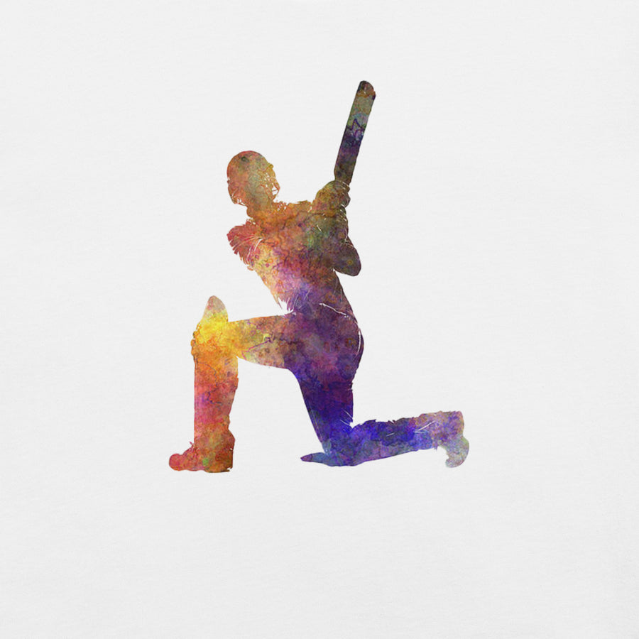 Front view of a white t-shirt displaying a vibrant watercolor-style cricket player graphic, set against a plain background.